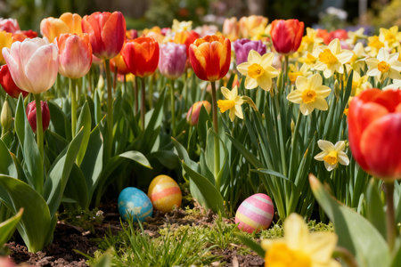 Colorful tulips and easter eggs in the spring garden.の素材