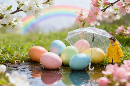 Easter eggs and a child with an umbrella on the background of spring flowersの素材