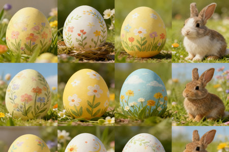 Easter collage with easter eggs and cute bunniesの素材