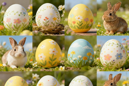Collage of easter eggs and bunny in the meadow.の素材