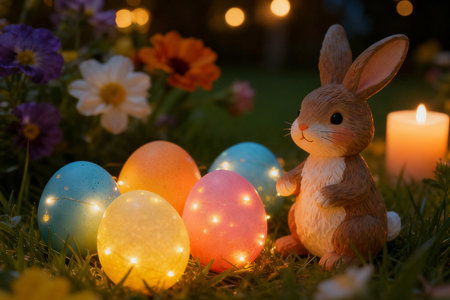 Easter bunny with colorful eggs and candles in the garden at nightの素材