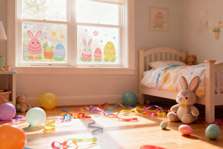 Children's room decorated with Easter eggs, bunny, balloons and streamersの素材