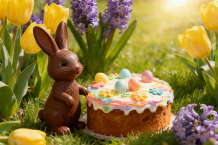 Easter cake with chocolate bunny, eggs and tulips in the gardenの素材