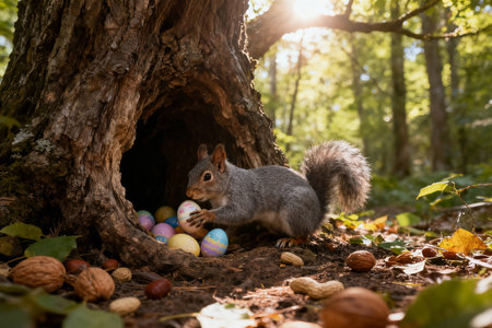 Squirrel in the hollow of a tree with easter eggs.の素材