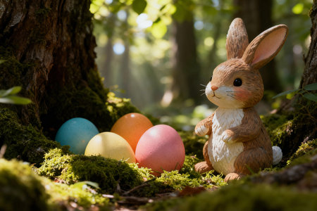 Easter bunny and colorful eggs in the forest. Happy Easter.の素材