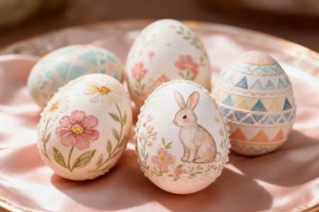 Easter eggs decorated with flowers and rabbit, selective focus, copy spaceの素材