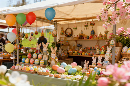 Easter market with colorful eggs and bunnies, selective focusの素材