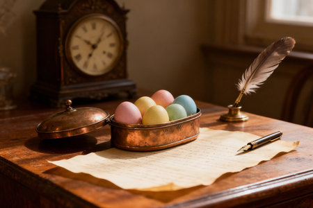 Easter eggs and quill pen on a wooden table in a roomの素材