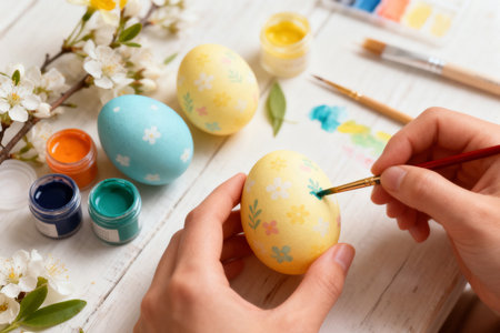 Close-up of female hands painting Easter eggs on white wooden backgroundの素材