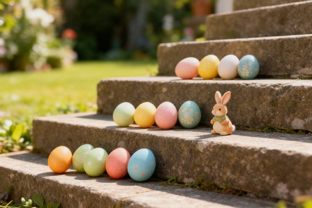 Easter decoration with colorful eggs and bunny on stone stairs in gardenの素材