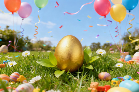golden easter egg in grass with colorful balloons and confettiの素材