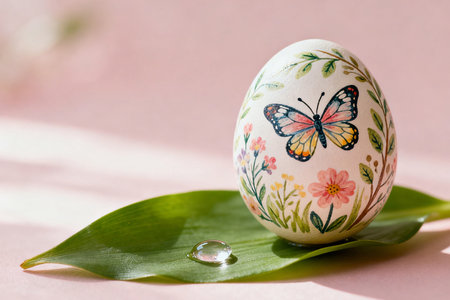 Decorated easter egg with butterfly and green leaf on pink backgroundの素材