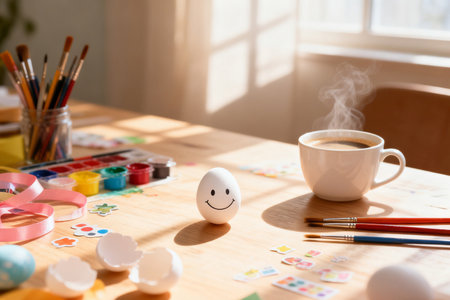 Easter eggs with paints, brushes and cup of coffee on wooden tableの素材