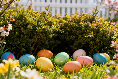 Colorful easter eggs and flowers in the garden on a sunny dayの素材