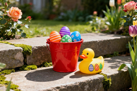 Colorful Easter eggs in red bucket with yellow rubber duck in gardenの素材
