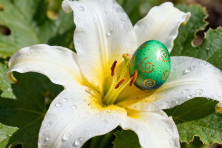 Easter egg on a lily flower with water drops on itの素材