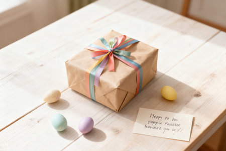 Gift box and tag with Happy Easter on wooden table, closeupの素材