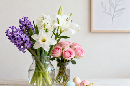 Spring flowers in glass vase and easter eggs on white wooden tableの素材