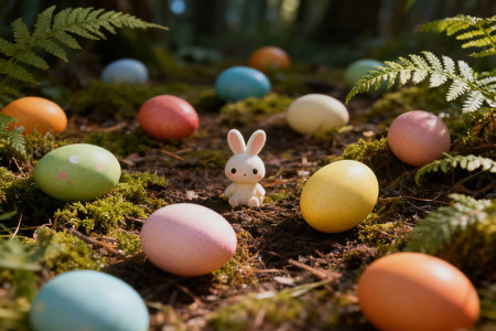Easter eggs and bunny in the forest. Easter holidays concept.の素材