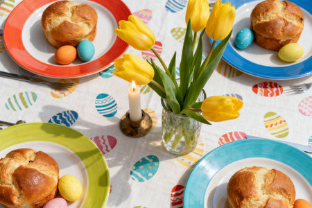 Easter table setting with yellow tulips, easter eggs and croissantsの素材