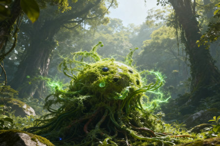 Fantasy alien creature in the rainforest. 3D Renderingの素材