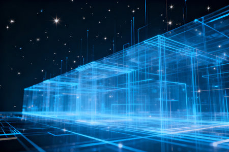 Abstract blue background with glowing lines and cubes. 3D Renderingの素材