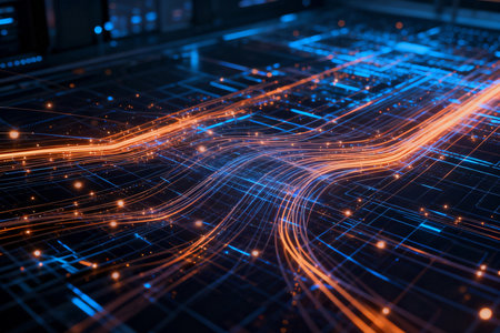 Futuristic technology background with glowing lines. 3D Renderingの素材