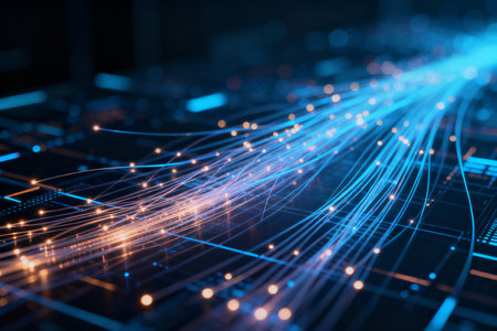 Abstract technology background with glowing lines and dots. 3D Renderingの素材