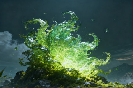 Green ink in water. Mixed media. Mixed media. Mixed mediaの素材