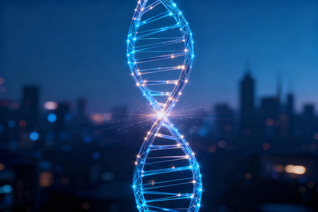 DNA molecule on city background. 3d rendering toned image double exposureの素材