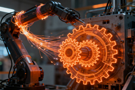 Industrial robot arm with glowing gear in factory. 3D renderingの素材