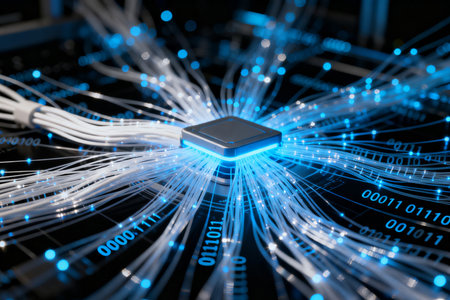 Fiber Optic cables and microcircuit. 3D renderingの素材
