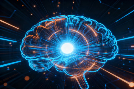 Neon human brain on blue background. Artificial intelligence concept. 3D Renderingの素材