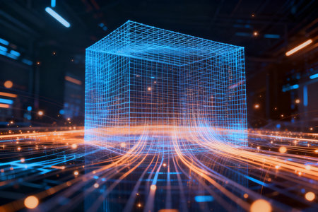 3d render, abstract cube with glowing lines on a dark backgroundの素材