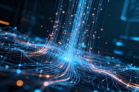 Abstract technology background with glowing lines and dots. 3D Renderingの素材