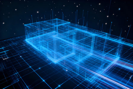 abstract 3d illustration of blue cube with glowing lines on dark backgroundの素材