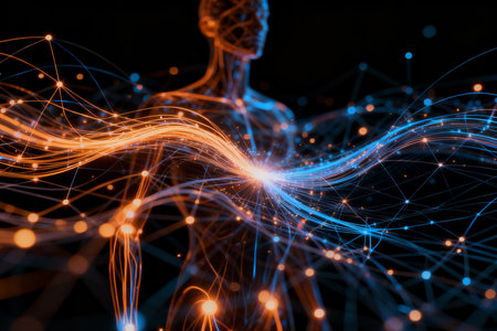 Blue rays of light on a dark background. 3d rendering.の素材