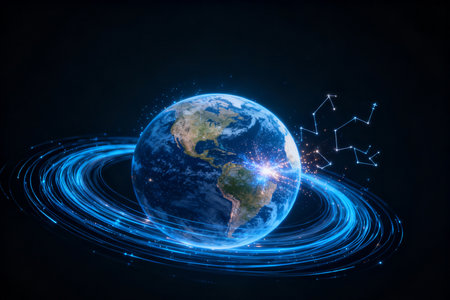 Abstract technology background, glowing lines and dots. 3d rendering toned imageの素材