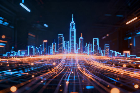 Futuristic city at night with light trails. 3d renderingの素材