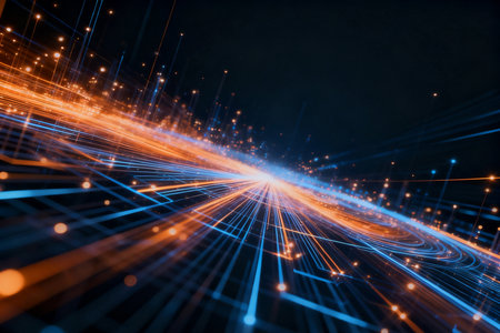 Abstract technology background with glowing lines and dots. 3D Renderingの素材