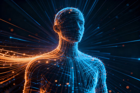 3d rendering of human head with digital connection lines on dark backgroundの素材