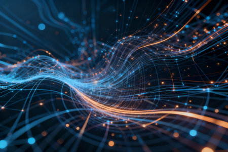 Abstract technology background with glowing lines and dots. 3D Renderingの素材