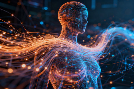 3D rendering of artificial intelligence concept with glowing wireframe human figureの素材