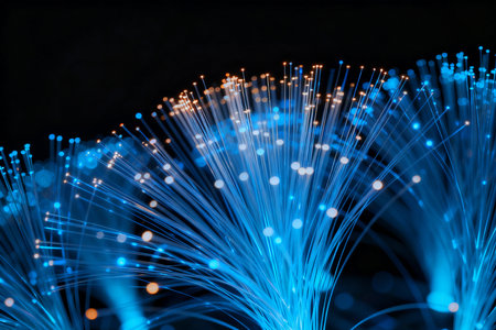 fiber optical network cable close up with bokeh light backgroundの素材