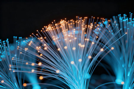 optical fibers dinamic flying from deep on technology concept backgroundの素材