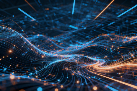 Abstract technology background with glowing lines and dots. 3D Renderingの素材