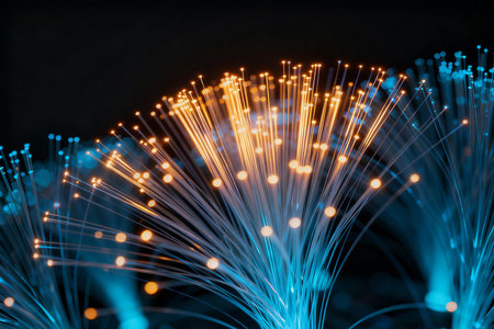 fiber optical network cable close up with bokeh light backgroundの素材