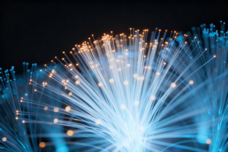 fiber optical network cable close up with bokeh light backgroundの素材