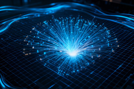 Futuristic technology background with blue glowing lines. 3d renderingの素材