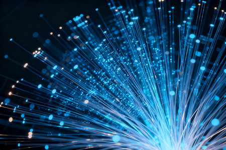 fiber optical network cable close up with bokeh light backgroundの素材